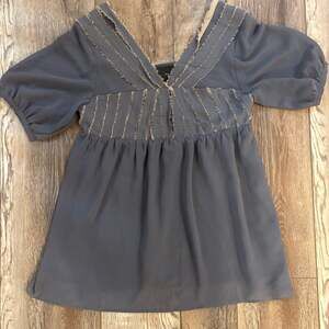 Shulami Blue Chiffon Puff Sleeve Blouse with Frayed Chevron Trim Detail